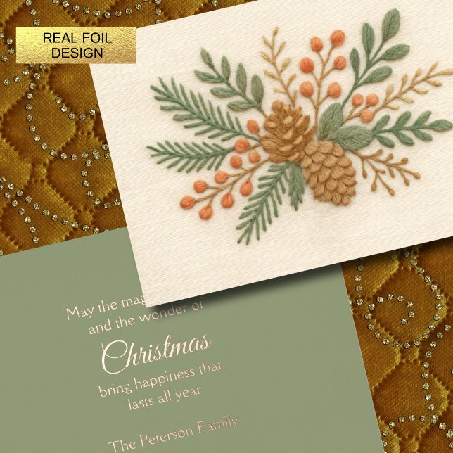 Carte De Vœux En Aluminium Broderie Noël Floral Sprig Pinecone Crème (Créateur téléchargé)