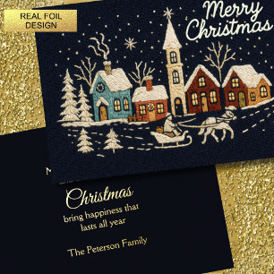 Carte De Vœux En Aluminium Broderie Noël Snowy Village Scène Bleu