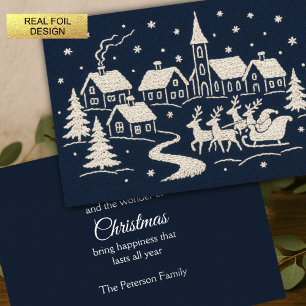 Carte De Vœux En Aluminium Broderie Village de neige de Noël Scène Bleu Blanc