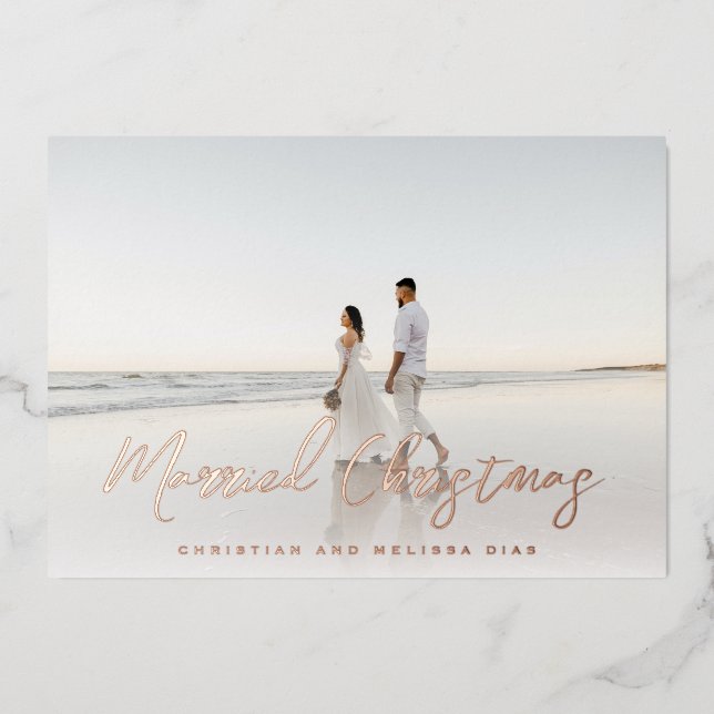 Carte De Vœux En Aluminium Brosse de Noël Marié Script Photo de Noël (Recto)