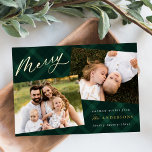 Carte De Vœux En Aluminium Brossé vert Plaid 3 photo<br><div class="desc">Elégant carte photo de vacances avec "Joyeux" dans un script de calligraphie de feuille d'or sur un arrière - plan peint vert plaid. Personnalisez le devant en ajoutant deux de vos photos préférées, un message de bienvenue, un nom et une année. La carte de Noël en feuille d'or rustique s'inverse...</div>