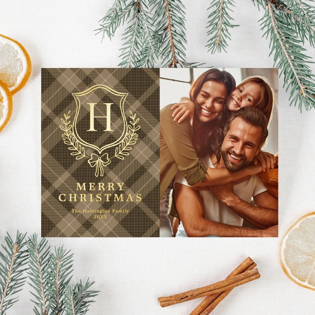 Carte De Vœux En Aluminium Brown Plaid Monogram Photo Christmas (Créateur téléchargé)