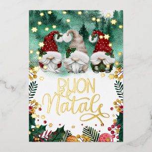 Carte De Vœux En Aluminium Buon Natale Cute Gnomes Stars Forêt Photo Foil H