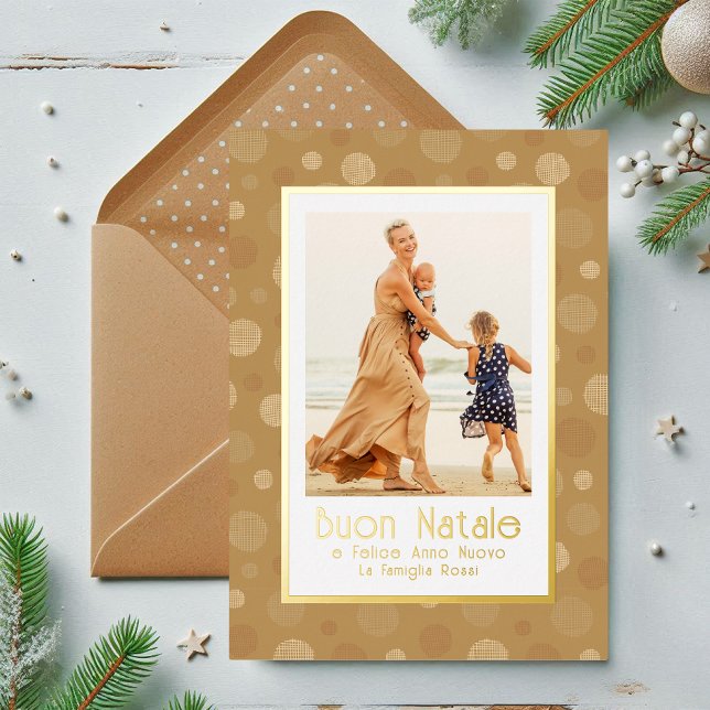 Carte De Vœux En Aluminium Buon Natale Photo Gold Modern Polka Dot (Créateur téléchargé)