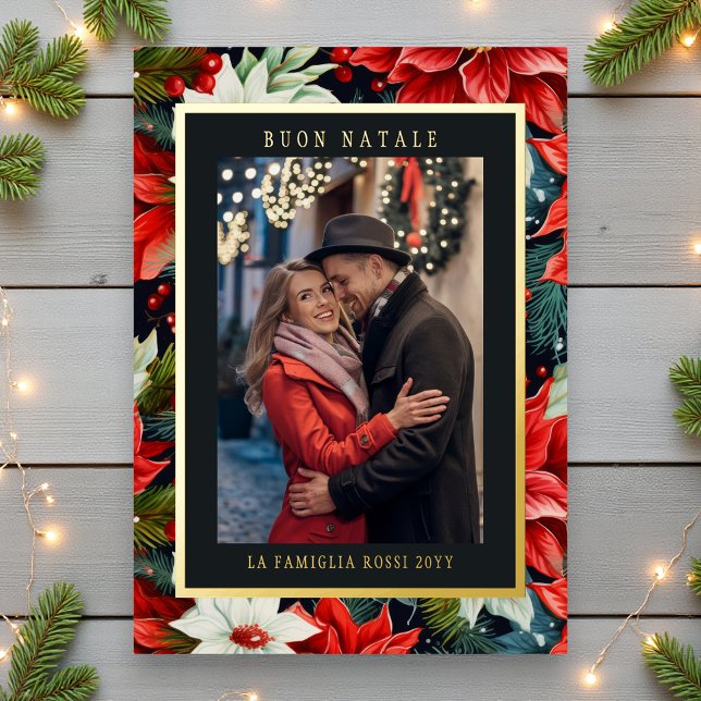 Carte De Vœux En Aluminium Buon Natale Red Poinsettia Floral Photo (Créateur téléchargé)