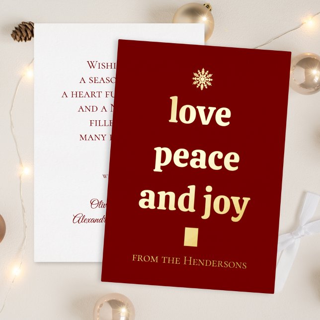 Carte De Vœux En Aluminium Burgundy Christmas Tree Minimalist Love Peace Joy (Créateur téléchargé)