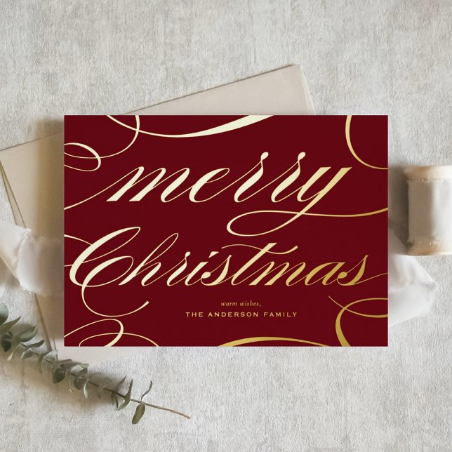 Carte De Vœux En Aluminium Burgundy Elegant Flourish Script Merry Christmas (This burgundy Merry Christmas card features a beautiful flourish script in gold foil.)