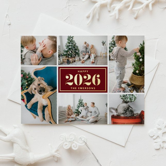 Carte De Vœux En Aluminium Burgundy Happy New Year 2026 Photo Collage (Customizable photo collage New Year card featuring gold foil texts on a burgundy background.)