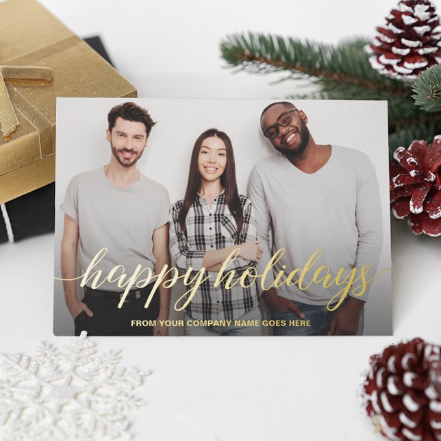 Carte De Vœux En Aluminium Business Christmas Team Photo Joyeux jours fériés (Real gold foil happy holidays team photo xmas card)