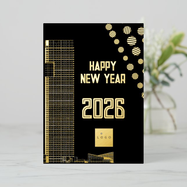 Carte De Vœux En Aluminium Business happy New Year 2026 logo carré urbain (Debout devant)