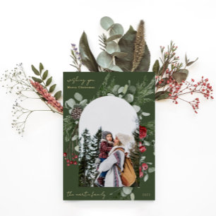 Carte De Vœux En Aluminium Cadre botanique d'hiver vert deux photo Noël