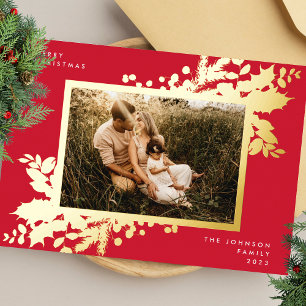 Carte De Vœux En Aluminium Cadre photo botanique moderne Red Christmas Gold