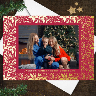Carte De Vœux En Aluminium Cadre photo de Noël botanique Rouge Magenta OR
