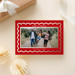 Carte De Vœux En Aluminium Cadre photo rose Gold et Red Preppy Scallop