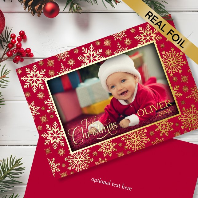 Carte De Vœux En Aluminium Cadre photo Snowflake (Snowflake Photo Frame Foil Holiday Card - gold and red)