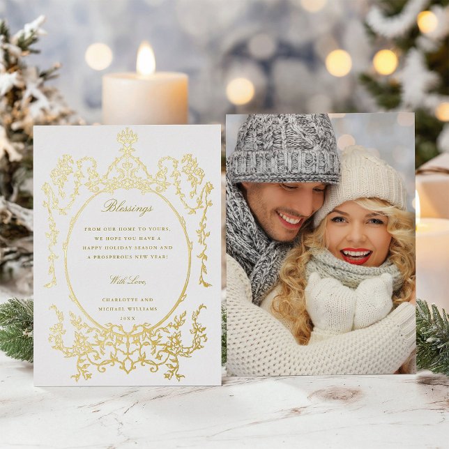 Carte De Vœux En Aluminium Cadre victorien classique Photo de Noël Or (Front & Back)