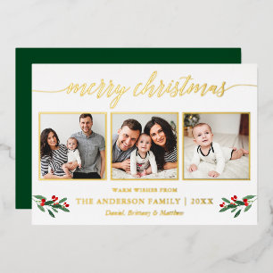 Carte De Vœux En Aluminium Calligraphie 3 Photo Noël Holly Green Gold