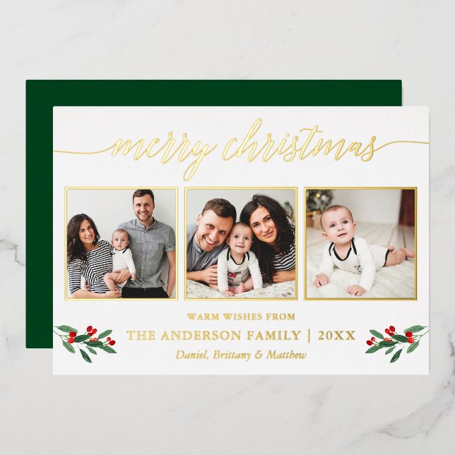 Carte De Vœux En Aluminium Calligraphie 3 Photo Noël Holly Green Gold (Recto/Verso)