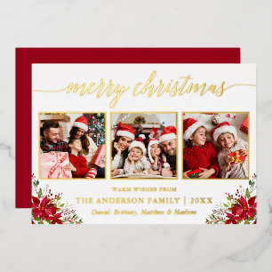 Carte De Vœux En Aluminium Calligraphie 3 Photo Noël Poinsettia Or