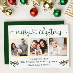 Carte De Vœux En Aluminium Calligraphie Coeur 3 Photo Noël Holly Gold<br><div class="desc">Calligraphie moderne Gold Foil Script 3 Photo Famille Collage de photos Joyeux Noël Card inclut Aquarelle Rouge Holly Berries - Vos photos dans cadres Gold Foil avec un retour vert Forêt</div>
