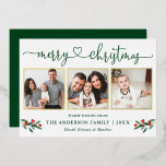 Carte De Vœux En Aluminium Calligraphie Coeur 3 Photo Noël Holly Gold<br><div class="desc">Calligraphie moderne Gold Foil Script 3 Photo Famille Collage de photos Joyeux Noël Card inclut Aquarelle Rouge Holly Berries - Vos photos dans cadres Gold Foil avec un retour vert Forêt</div>