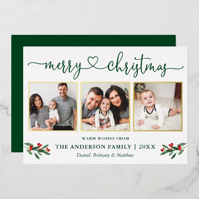 Carte De Vœux En Aluminium Calligraphie Coeur 3 Photo Noël Holly Gold (Recto/Verso)