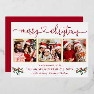 Carte De Vœux En Aluminium Calligraphie Coeur 3 Photo Noël Holly Red Gold