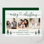Carte De Vœux En Aluminium Calligraphie Coeur 3 Photo Pines de Noël Or<br><div class="desc">Calligraphie moderne Gold Foil Script 3 Photo Famille Collage de photos Joyeux Noël Carte inclut Aquarelle Pine Arbres - Vos photos dans cadres Gold Foil avec un retour vert Forêt</div>