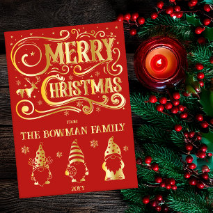 Carte De Vœux En Aluminium Calligraphie Joyeux Noël Gnomes Salutation familia