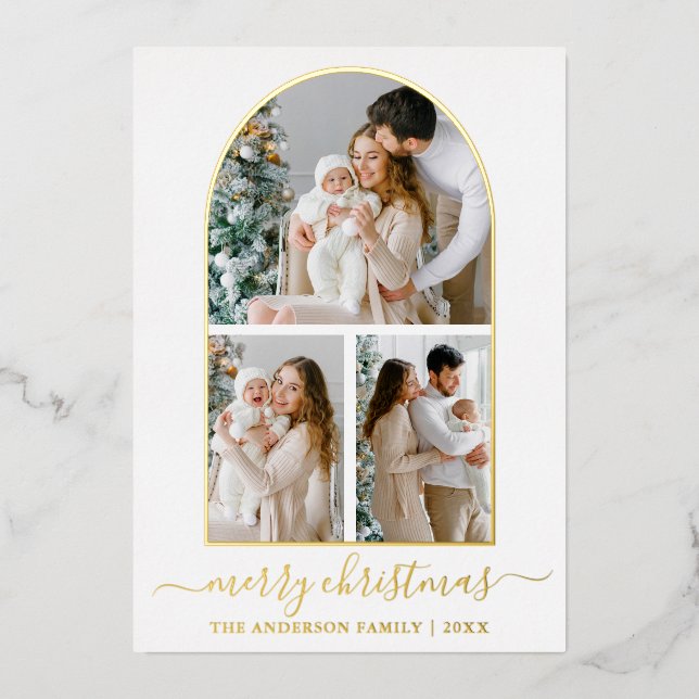 Carte De Vœux En Aluminium Calligraphie moderne 3 Arche photo Noel Or (Recto)