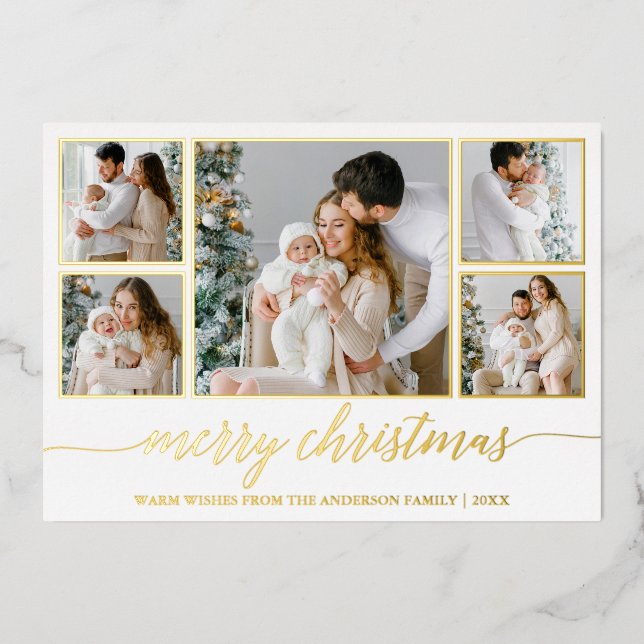 Carte De Vœux En Aluminium Calligraphie moderne 5 cadres photo Or de Noël (Recto)
