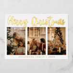 Carte De Vœux En Aluminium Calligraphie simple Trois photos Foil de Noël Holi<br><div class="desc">Simple Calligraphie Trois Photo Foil de Noël Carte de vacances. (Crédits photos à Cottonbro sur Pexels. Veuillez le remplacer par le vôtre.</div>