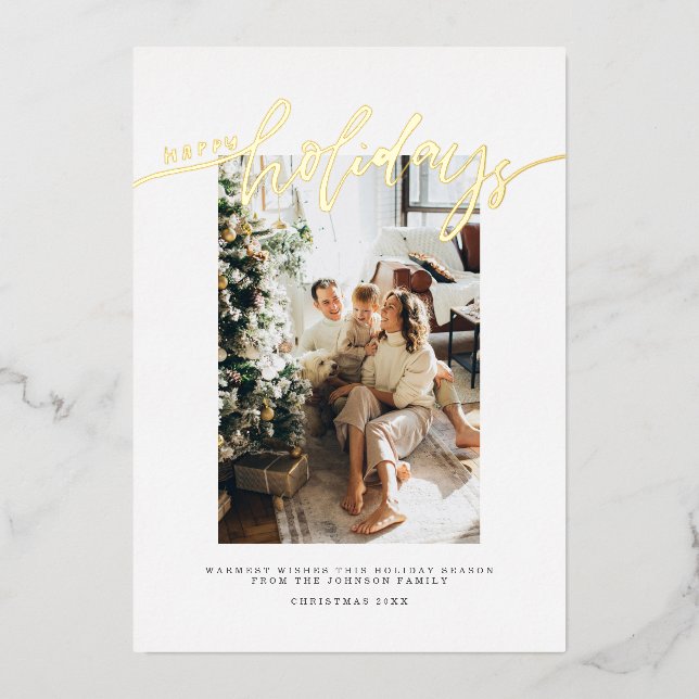 Carte De Vœux En Aluminium Calligraphy Happy Holidays Christmas Family Photo (Recto)