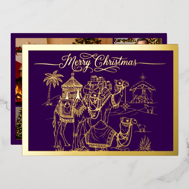 Carte De Vœux En Aluminium Camels, Manger, Joyeux Noël en violet, or (Recto/Verso)