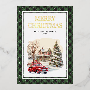 Carte De Vœux En Aluminium Camion Rouge Joyeux Noël Buffalo Vert Plaid Gold