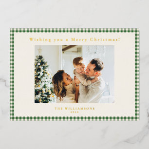 Carte De Vœux En Aluminium Carreaux Vichy Vert Plaid Personnalisé Photo Noël