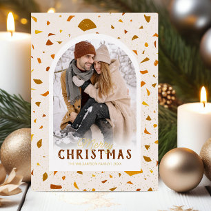 Carte De Vœux En Aluminium Carte de Noël moderne en terrazzo avec feuille d'o