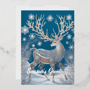 Carte De Vœux En Aluminium Cerf dans un paysage hivernal, détails en feuille