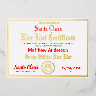 Carte De Vœux En Aluminium Certificat Nice Liste  Enfants Noël présent