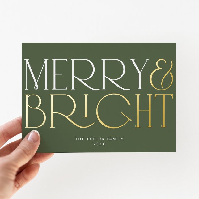 Carte De Vœux En Aluminium CHARLIE Green Foil Joyeux Noël de famille brillant (CHARLIE Green Foil Merry Bright Family Christmas Foil Holiday Card)