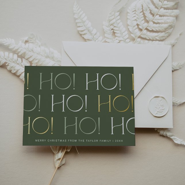 Carte De Vœux En Aluminium CHARLIE Green Gold Foil Ho Ho Famille Noël (CHARLIE Green Gold Foil Ho Ho Ho Family Christmas Foil Holiday Card)