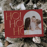 Carte De Vœux En Aluminium CHARLIE Red Gold Foil Ho Ho Ho Photo Noël<br><div class="desc">CHARLIE Red Gold Foil Ho Ho Ho Photo Foil de Noël Carte de vacances. Personnalisez l'avant de la carte avec une photo,  votre nom de famille et l'année. Personnalisez le dos avec un accueil de vacances ou des nouvelles de famille en option,  et votre nom de famille.</div>