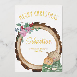 Carte De Vœux En Aluminium Chats de Noël mignons Cadre en bois rustique Feuil