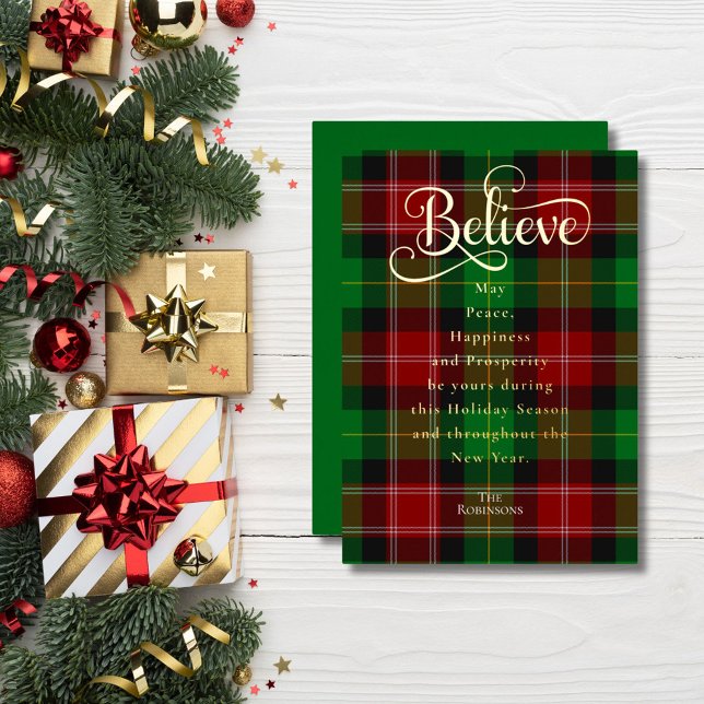 Carte De Vœux En Aluminium Chic Believe Green & Red Christmas Scottish Tartan (Créateur téléchargé)