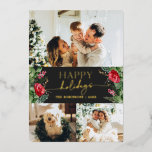 Carte De Vœux En Aluminium Chic Gris foncé Botanique Foliage 3 Photo Or<br><div class="desc">Cette collection présente des fleurs rouges aquarelles,  des baies et de la verdure hivernale avec une typographie moderne et élégante,  avec un motif botanique d'hiver.</div>