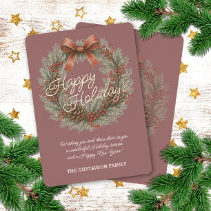 Carte De Vœux En Aluminium Chic Holly Wreath Red Bow sur Mauve Rose Rose Gold