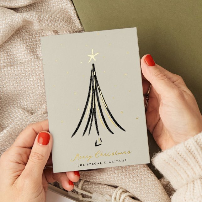Carte De Vœux En Aluminium Chic Illustré Arbre de Noël Or (Chic Illustrated Christmas Tree Gold Foil Holiday Card)