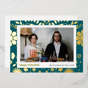 Carte De Vœux En Aluminium Chic Moderne Hanukkah Floral 1 Photo Joyeux Hanukk