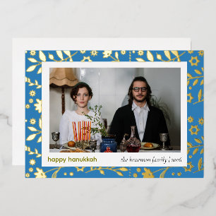 Carte De Vœux En Aluminium Chic Moderne Hanukkah Floral 1 Photo Joyeux Hanukk