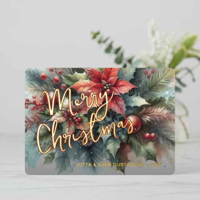 Carte De Vœux En Aluminium Chic Red Floral Berries Wreath Gold (Debout devant)